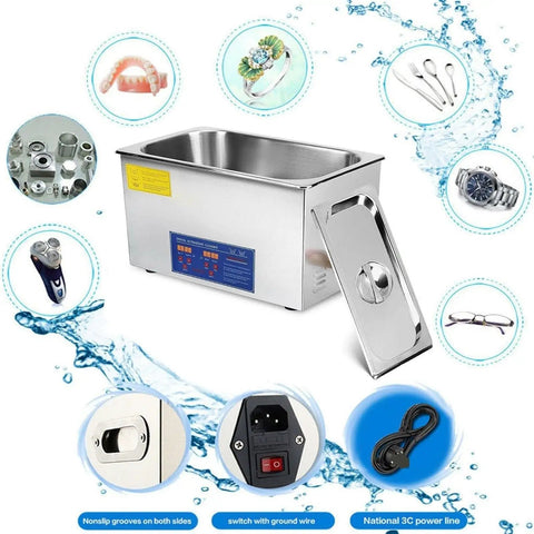 Heavy Duty Digital Ultrasonic Cleaner 30 Liter Stainless Steel Tub for Jewelers and Gear Heads, shown with accessories and features.