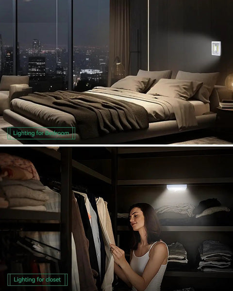 Bright Wireless COB LED Night Light Switches with 200 Lumen Output installed in bedroom and closet, showing versatile use.