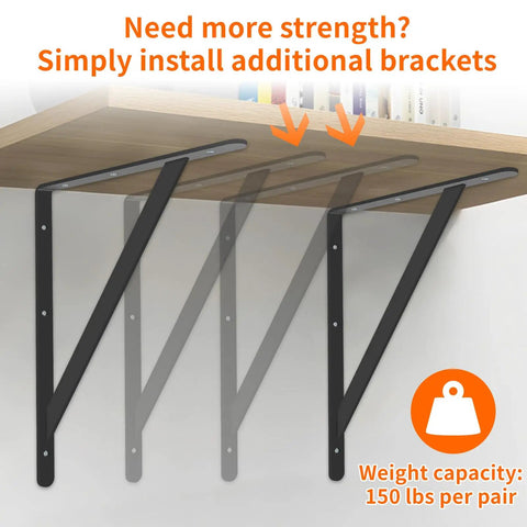 Built Like A Tank Heavy Duty Shelf Brackets 12 X 8 Inch 6 Pack Wall Mount L Brackets Black Steel triangle support under shelf with weight capacity.