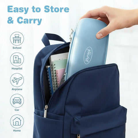 Clean Setup Oral Motor Vibration Kit With Seven Swappable Textured Silicone Heads For Mouth Muscle Tone And Sensory Relief Including Rechargeable Handle And Travel Case in a backpack.