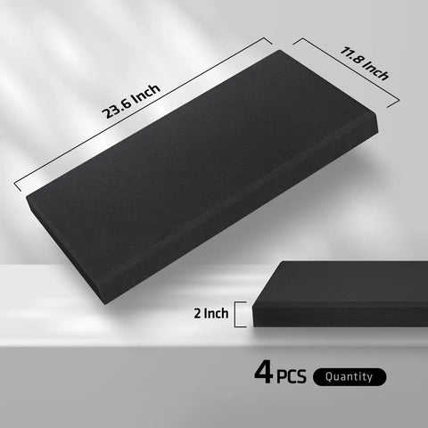 Heavy Hitter Four Pack Acoustic Panels Two Inch Thick Soundproof Fiberglass Wall Tiles with dimensions 23.6x11.8 inches in matte black.