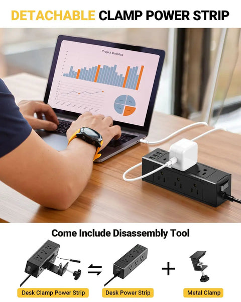 Desk Clamp Power Strip With USB C And USB Ports, 9 AC Outlets Plus Surge Protector, charging devices on desk with laptop