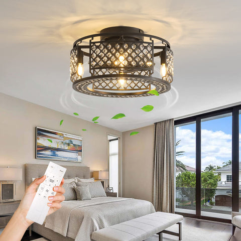 18 Inch Lit Crystal Lantern Ceiling Fan Light With Remote Industrial Chandelier Style Black Finish Includes Bulb K9 Crystal Cage 8 Blades Safe Easy To Clean Perfect For Living Room Or Bedroom Indoor Spaces in a modern bedroom environment