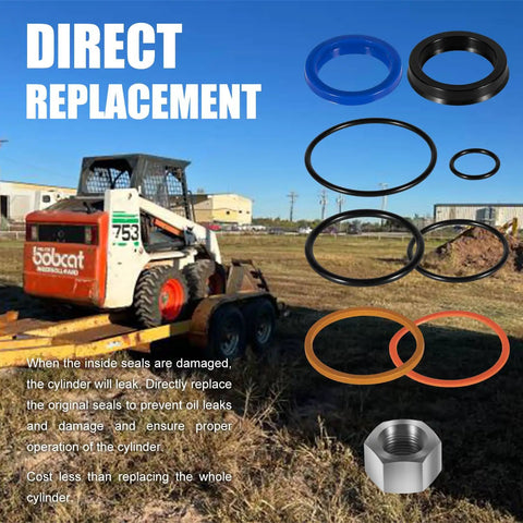 Replacement Skid Steer Hydraulic Cylinder Seal Kit For Bobcat 444 500 610 642 643 742 743 753 And More 2 Inch Bore One And A Quarter Inch Rod displayed with a Bobcat skid steer