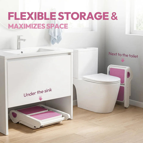 Top Shelf Folding Toddler Step Stool Built Solid For Your Little Munchkins features easy tuck away storage under sink and by toilet.