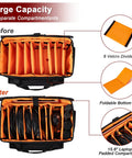 Pro DJ Gear Bag With 8 Detachable Dividers And 15.6 Inch Laptop Sleeve featuring large capacity compartments, orange lining.