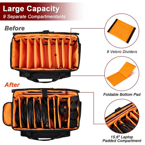 Pro DJ Gear Bag With 8 Detachable Dividers And 15.6 Inch Laptop Sleeve featuring large capacity compartments, orange lining.