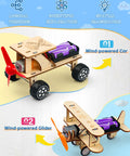 Image of two wooden models from Five In One STEM Car Kit Set For Kids Ages 8 To 12. Includes wind-powered car and glider.