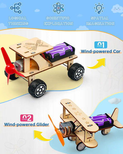 Image of two wooden models from Five In One STEM Car Kit Set For Kids Ages 8 To 12. Includes wind-powered car and glider.