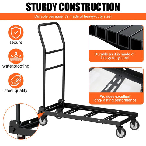 Beast Mode Folding Chair Cart For 12 Chairs With 300 Lbs Capacity showing steel frame and swivel wheels