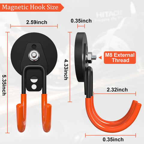 Heavy Duty Magnetic Garage Hooks 4 Pack With Grip Firm Neodymium Magnets dimensions showing 2.59in pad and 5.35in height.