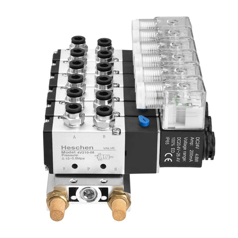 Industrial 6 Port 5/2 Way Pneumatic Solenoid Valve With 24V DC Coil, showing multiple ports and clear fittings