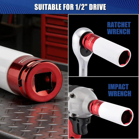 Half Inch Drive Wheel Protector Deep Impact Socket Set Seven Piece Ultra Thin Wall 6 Point Metric Kit with Color Coded Lug Nut Sockets