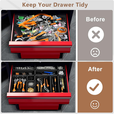 Before and after of a drawer organized with Six Sizes 100 Piece Tool Box Organizer Tray Set For Drawer And Garage Storage Black Plastic Divider System That Fits 100 Plus Tools Perfect For DIYers And Pros Tool Chest Cart Workbench Desk Or Home Shop.