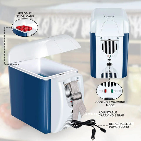 Portable 12V Thermoelectric Cooler And Warmer With 7.5 Quart Capacity Compact Mini Fridge For Car RV and Tailgate Vibes open lid showing interior.