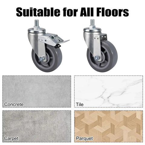 Beefy Heavy Duty PU Caster Wheels with Brakes for Workbenches and Carts showing suitability for all floor types