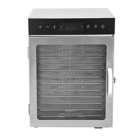 Top Shelf Electric Food Dehydrator Featuring Slick Twelve Tray Layout And Rock Solid Dual Fan Setup Built As A Total Game Changer To Dry Fruit Herbs And Jerky, front view with digital controls.