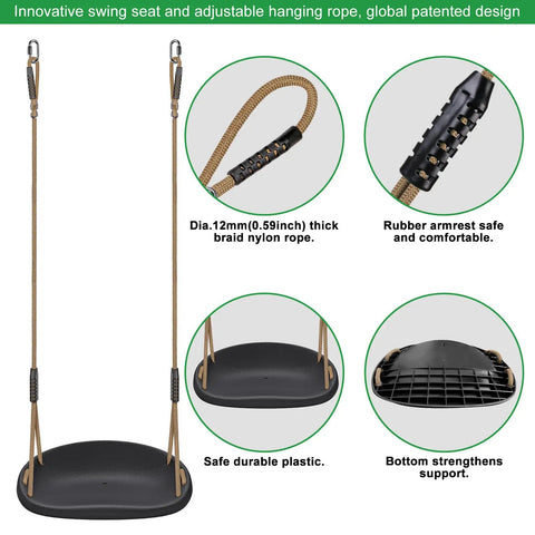 Two Pack Heavy Duty Swing Seats With 500 Pound Capacity And Wider Swing Board Anti Slip Surface Height Adjustable Rope From Fifty To Eighty Inches Built For Backyard Patio Garden Playground showing seat details, rope, and safety features