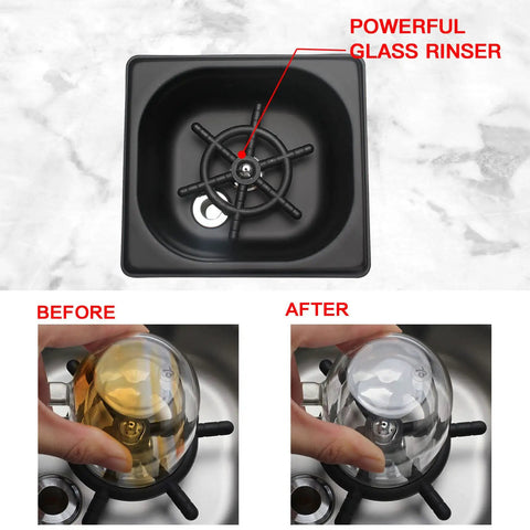 Automatic Pitcher Rinser And Glass Cup Washer In 304 Stainless Steel showing powerful rinser mechanism and before-after rinse results.