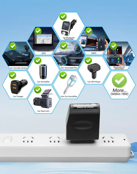 Smooth Plug And Play Ac To Dc Power Adapter on power strip, powering car accessories like dash cam and Bluetooth devices.