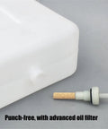 Close-up of the 7L Beefed-Up Plastic Gas Fuel Storage Tank With Screw Kit showing inlet fitting and advanced oil filter.