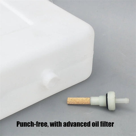 Close-up of the 7L Beefed-Up Plastic Gas Fuel Storage Tank With Screw Kit showing inlet fitting and advanced oil filter.