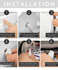 Installation steps for Washer Lid Lock Replacement 3 Wire Door Lock No Fuss Install, steps 1-6 for Whirlpool Maytag Amana models.