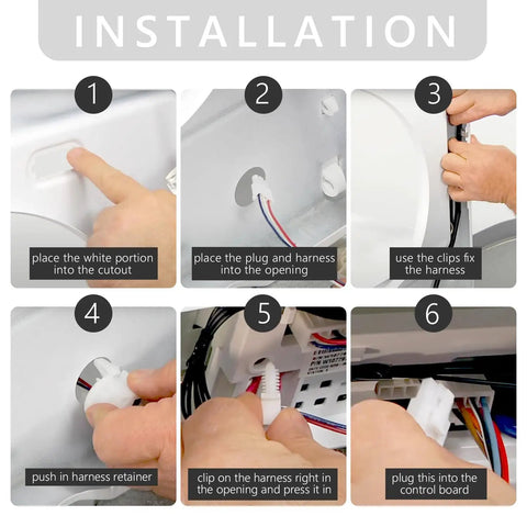 Installation steps for Washer Lid Lock Replacement 3 Wire Door Lock No Fuss Install, steps 1-6 for Whirlpool Maytag Amana models.