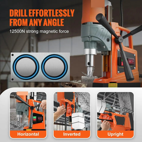 Heavy Duty Boss Grade Magnetic Drill 1450W Variable Speed Portable Electric Core Chucker with strong magnetic force shown drilling.