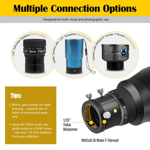 Upgraded 70mm FMC Guide Scope Kit With Double Helical Focuser, multiple connection options, 1.25 inch eyepiece compatible.