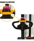 Close-up of the handle and controls on the Fully Electric Thin Leg Pallet Stacker With 130 Inch Height Capacity And 3307 Pound Payload.