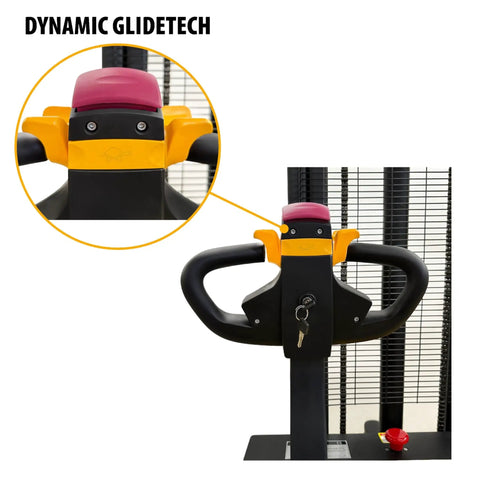 Close-up of the handle and controls on the Fully Electric Thin Leg Pallet Stacker With 130 Inch Height Capacity And 3307 Pound Payload.