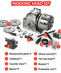Heavy Duty 3 Jaw Dividing Head Combined With 6 Inch Rotary Indexer Featuring Zero To Ninety Degree Precision Rotation Build includes honeycomb plates and tailstock.