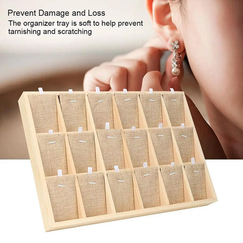 Top Tier Solid Pine Wooden Jewelry Display Tray With 18 Grid Slots And Ultra Plush Velvet Lining For Necklaces Bangles Rings close up.