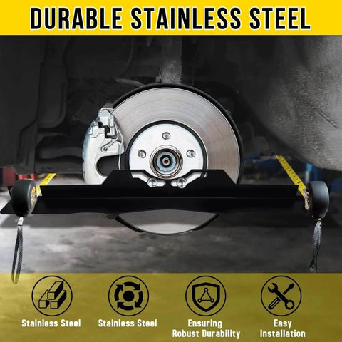 Beefy Steel Toe Alignment Tool For Wheel Angles, Pro-Grade Wheel Alignment Kit in use on car brake disc