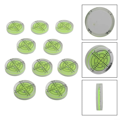 Round Bubble Level Vial 32x7mm 10-Pack for acrylic for spirit Level with displaying green liquid and precision markings.