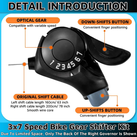 Premium 3x7 Thumb Shifter Set With TX-30 Levers For 7 Speed Bicycles showing optical gear and shift buttons.