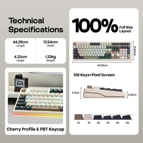 Next Level Full Size Mechanical Gaming Keyboard With Massive 10000 Mah Battery RGB Backlit Dot Matrix Display Wireless Setup For Mac PC Android Killer Reaper Switches Retro White Straight Fire technical specifications including size, weight, and keycap details.
