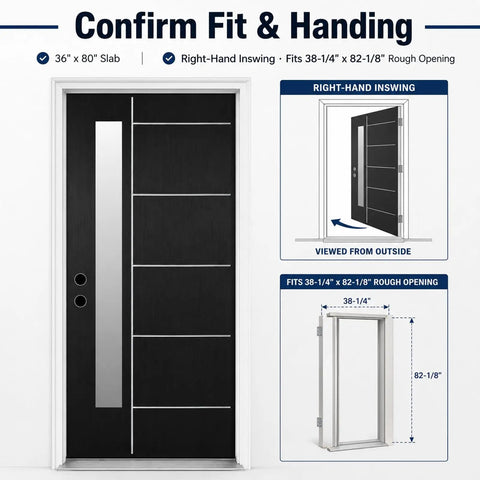 Premium Fiberglass Entry Door With Quick Install Vinyl Frame And True Right Hand Inswing Design showcasing dimensions and fit.