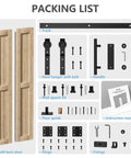 No Assembly Bi Fold Barn Door Set 30x84 with 36 inch hardware kit and spruce wood panels packing list