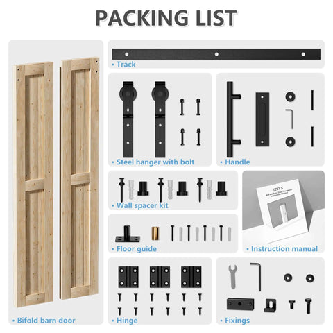 No Assembly Bi Fold Barn Door Set 30x84 with 36 inch hardware kit and spruce wood panels packing list