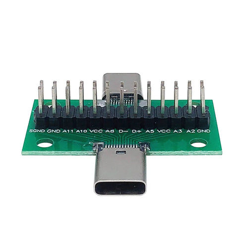 USB C Breakout Test Board 2 Pack Solderless Pins 24 Pin 2.54mm Double Sided Socket With Pin Header Connector For Date Line Wire Cable Transfer Type C Male To Female Plug And Play Ready showcasing a front view of the USB-C breakout board with visible pin headers.