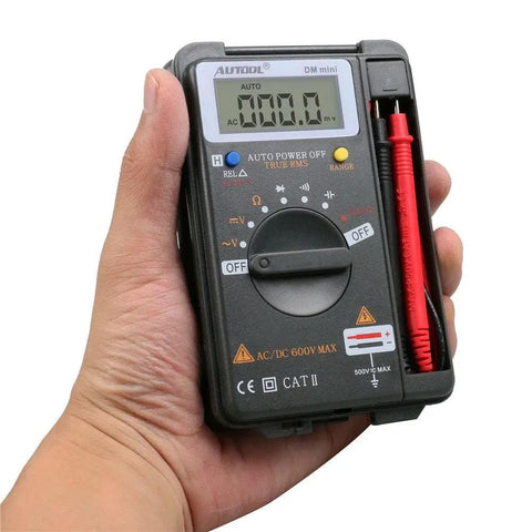 Pocket Digital Multimeter Handy Little DMM For AC DC Measurements, Frequency Tester, 4000 Count Display, Grab And Go Tool With Overload Protection, PT Protection Circuit For Resistance And Frequency, Easy Rotary Switch And Button Controls in hand showing front panel
