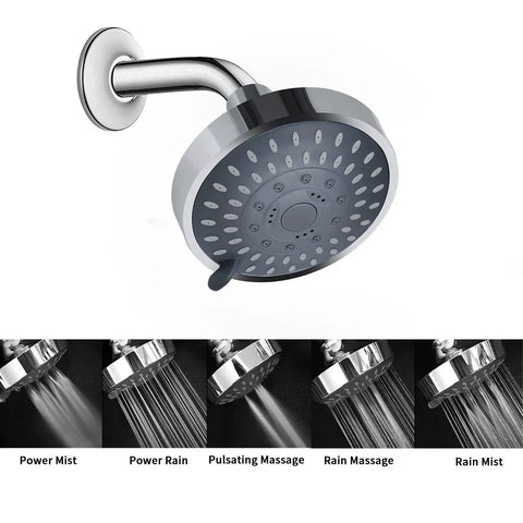 High Pressure Rain Shower Head With Five Settings And Durable ABS Plastic Body And Adjustable Swivel Ball Joint Delivers Spa Like Home Shower Experience Even On Low Water Flow And Pressure