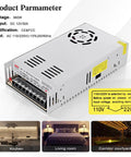 Beefy 12V 30A 360W Switching Power Supply Universal AC DC Adapter Dual Voltage 110V and 220V Stable 12V DC Output for LED Arrays CCTV Systems 3D Printers and High Demand DIY Devices silver metal housing, top view