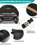 Universal Waterproof Ride On Car Cover Large 420D Heavy Duty Toy Car Cover For Power Wheels Jeep And Toddler Electric Vehicles All Season Protection With 3 Reflective Strips covering toy car with reflective details and buckle.