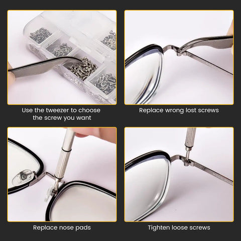 Grab And Go All In One Eyeglass Repair Kit With 1000 Small Screws Nuts Washers Nose Pads And Curved Tweezers Micro Screwdriver demonstrated