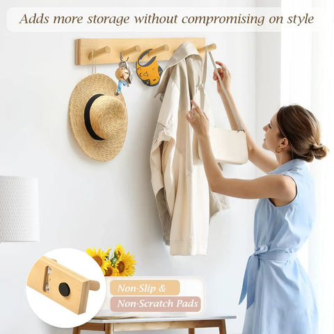 Wall Mounted Wooden Coat Rack With Five Heavy Duty Hooks In Natural Bamboo Finish Sturdy Built To Last With Waterproof Coating Ideal For Entryway Hallway Living Room Decor
