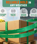 5/8 Inch Wide PET Polyester Strapping Roll, 4000 Feet Green Pallet Banding, wrapped around cardboard boxes.