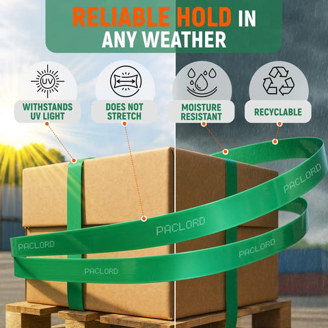 5/8 Inch Wide PET Polyester Strapping Roll, 4000 Feet Green Pallet Banding, wrapped around cardboard boxes.